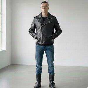 Police Leather Black Motorcycle Biker Heavy Jacket Men's 44